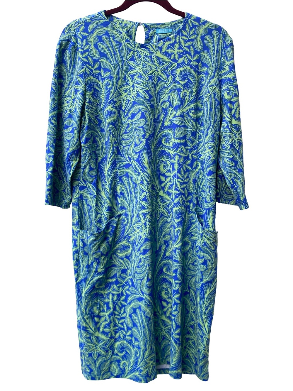 J. McLaughlin tropical resortwear blue greek botanical spandex dress size XL